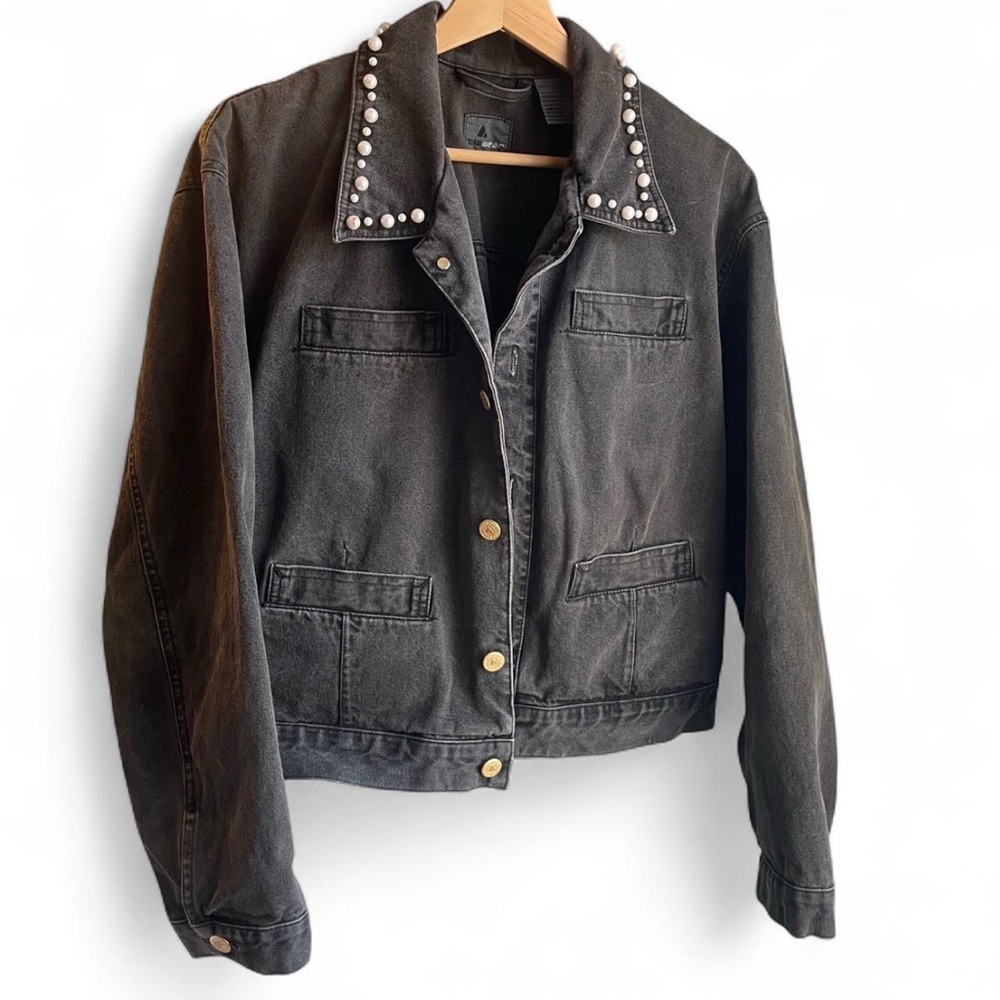 Vintage Grey Denim Jacket with Pearls